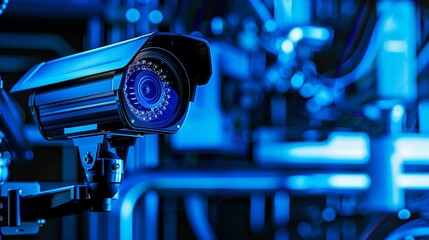 Deep Cobalt Blue High-Tech Security Camera System, Focusing on Electronic Surveillance