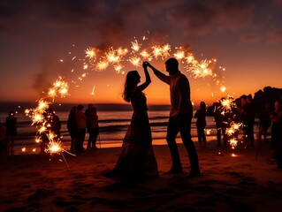 Couple Dancing with Sparklers on the Beach at Sunset