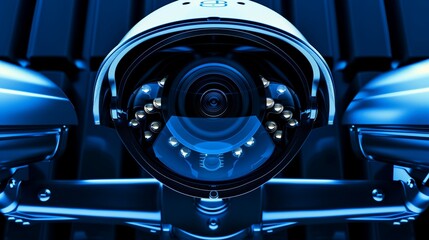 Deep Cobalt Blue High-Tech Security Camera System, Focusing on Electronic Surveillance