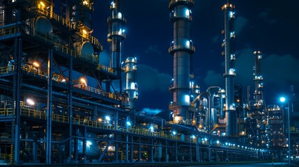 Deep Cobalt Blue Petrochemical Plant at Night, Showcasing Industrial Scale Operations
