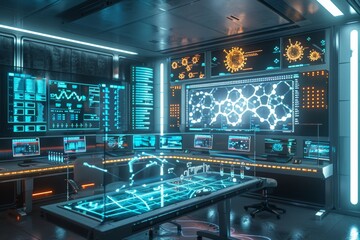 Futuristic Virus Research Lab with Holographic Displays of Virus Models and DNA Structures