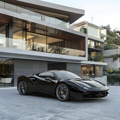 Luxury cars A sleek sports car parked in front of a modern house