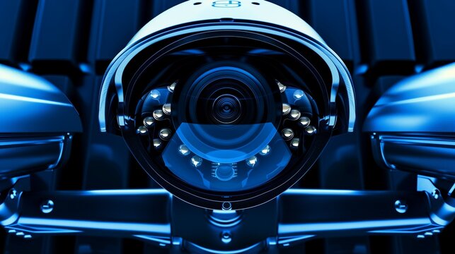 Deep Cobalt Blue High-Tech Security Camera System, Focusing on Electronic Surveillance - Powered by Adobe