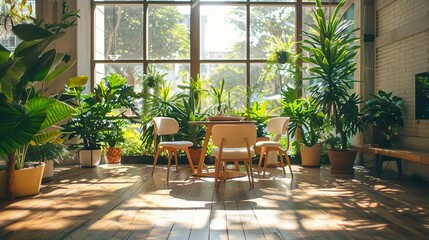 A biophilic design home, featuring large indoor plants, natural materials, and abundant natural light