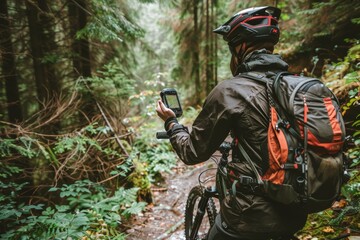 Obraz premium Mountain Biker Using GPS Device on Remote Forest Trail for Navigation and Adventure Travel Inspiration