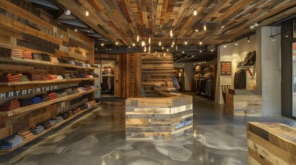 A boutique retail store built from reclaimed wood and recycled materials, featuring a unique and ecofriendly design