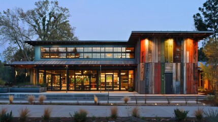 Obraz premium A community center built with reclaimed wood and recycled steel, blending rustic charm with modern architecture