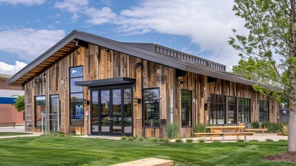Obraz premium A community center built with reclaimed wood and recycled steel, blending rustic charm with modern architecture