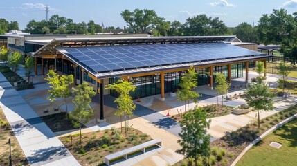 A community center with rooftop solar panels, providing power for activities and events