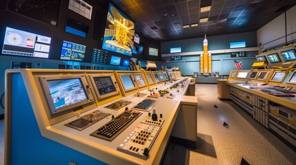 Detailed Photo of a Light Tan Rocket Launch Control Center, Highlighting the Nerve Center of Space Missions
