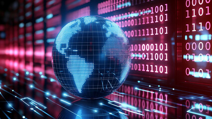 A dot matrix globe is enveloped in a neon-style binary matrix, symbolizing the vastness of global data analysis and the interconnected digital world.
