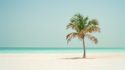 Obraz premium Solitude: A Palm Tree Dancing on a Beach With Crystal Blue Waters