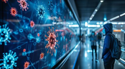 High Tech Digital Wall Displaying Real-Time Stats and Prevention Tips for Global Virus Pandemic in Public Space