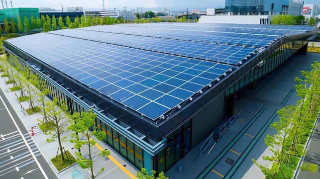 A convention center with a solar panelcovered roof, offering a green venue for events and conferences