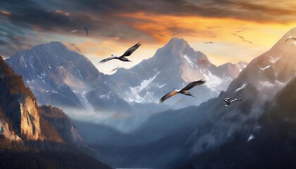 A flock of birds soaring over a tranquil mountain range. - Powered by Adobe