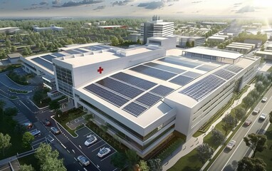 A hospital with solar panels on the roof and parking structures, providing sustainable energy and reducing operating costs