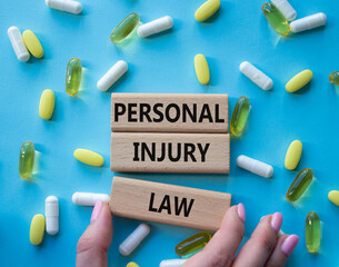 Personal Injury Law symbol. Concept words Personal Injury Law on wooden blocks. Beautiful blue...