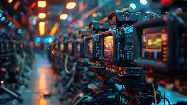 A well-organized studio with multiple high-end professional video cameras mounted on tripods, capturing high-definition footage in a technologically advanced environment