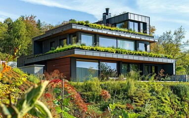 A luxury passive house with a green roof, smart home technology, and an emphasis on thermal mass and insulation