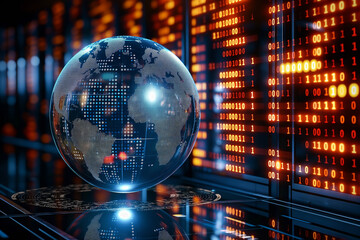 A dot matrix globe or earth amidst a neon binary matrix represents the pulsating rhythm of global data flow, data analysis, and digital connectivity.