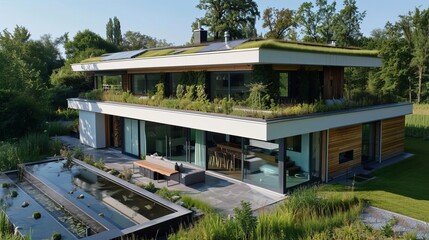 Fototapeta premium A luxury passive house with a green roof, smart home technology, and an emphasis on thermal mass and insulation