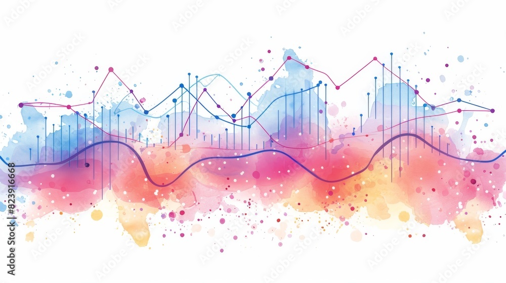 Poster artistic representation of data using watercolor splashes and sharp line graphs in red and blue tone