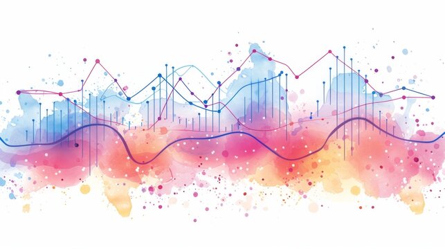Artistic representation of data using watercolor splashes and sharp line graphs in red and blue tones, blending art with statistical display.
