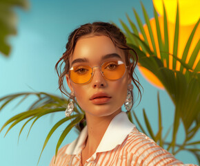 Fashionable woman with orange sunglasses and statement earrings in tropical setting. Fashion photography inspired by nature