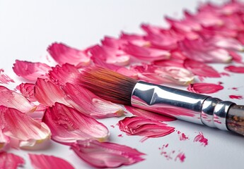A paintbrush painting pink and white chrysanthemum petals, leaving behind an elegant trail on the canvas. White background. Minimalist style. Studio photography in bright light.