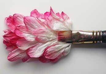 Paintbrush with pink and white chrysanthemum petals, painted on the brush's bristles line shape,...