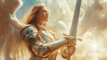 Beautiful warrior woman holding a sword wearing steel armor against sky, Fantasy fashion, concept of goddess, success, bless, wisdom, Greek goddess, war, peace, love.