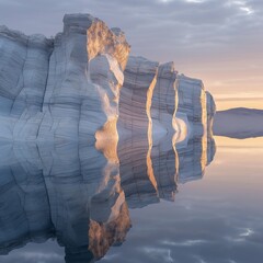 A breathtaking scene of marble cliffs reflecting on the surface of a still lake at sunrise, the...