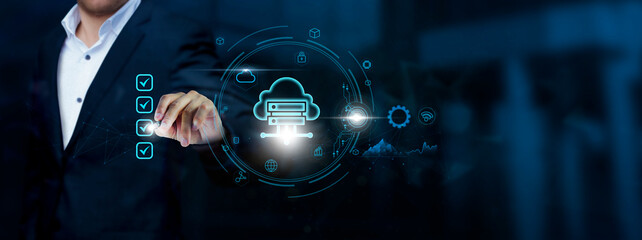 Cloud Computing, Businessman checks Cloud Computing technology and checklist approve, Streamlining...