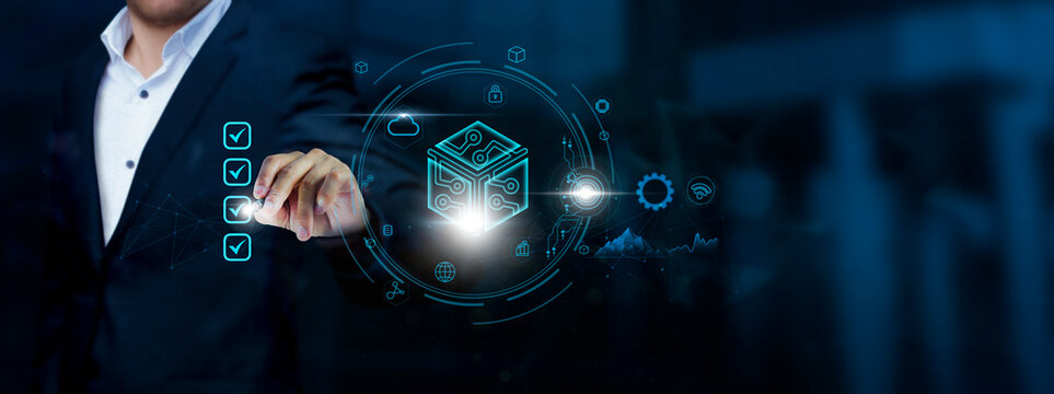 Blockchain Technology, Businessman checks Blockchain technology and checklist approval, Secure Transactions of Business on Virtual Interface, Decentralization Concept.