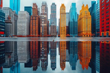 A stunning cityscape with a magnificent reflection of an urban skyline featuring modern and classic...