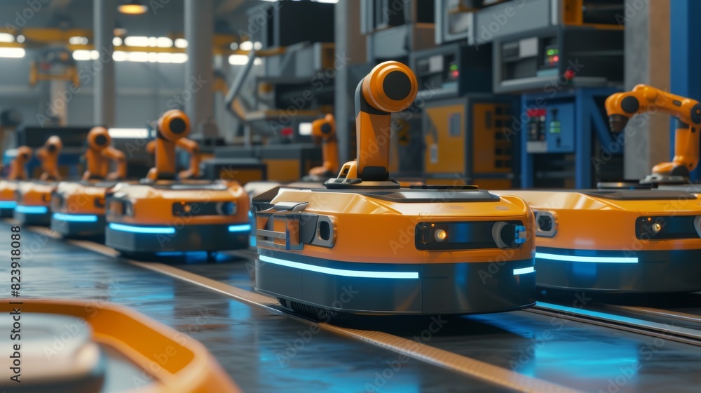 Poster multiple orange robotic arms operating simultaneously in a busy, technology-driven smart factory env