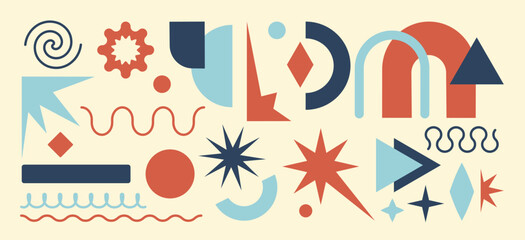 Abstract geometric figures, forms and shapes. Trendy minimal brutalist style. Flat modern Swiss design aesthetic. Retro playful colors. Primitive Basic Vector Elements: circle, square, zigzag, wave
