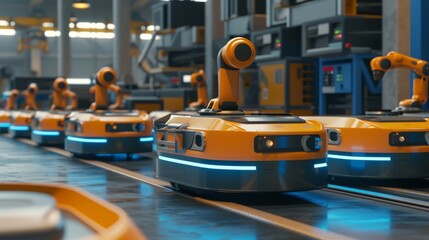 Fototapeta premium Multiple orange robotic arms operating simultaneously in a busy, technology-driven smart factory environment.