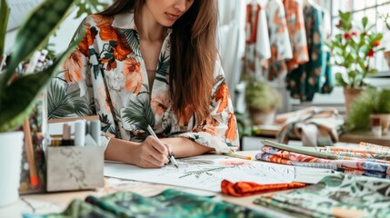 Fashion Designer Sketching Wellness-Inspired Clothing Lines Surrounded by Botanical Fabric Swatches