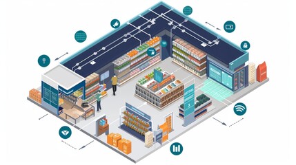 Detailed isometric view of a modern, smart retail store featuring various sections with digital price tags and automated systems.
