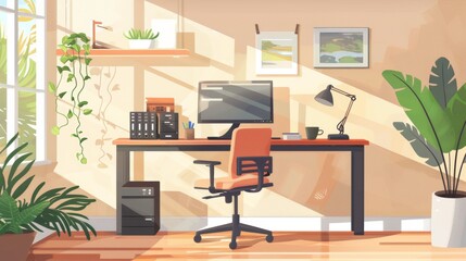 Fototapeta premium Modern Home Office with Ergonomic Furniture and Tech Equipment for Long-Term Remote Work