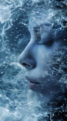 Closeup portrait of a serene woman's face blended with an icy landscape, capturing the powerful and peaceful essence of an ice queen