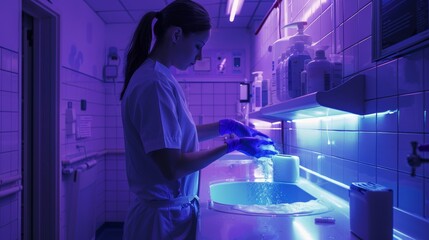 UV-Illuminated Hygiene Practices in Hospitals: Nurse Washing Hands Emphasizing Proper Cleanliness in Medical Settings