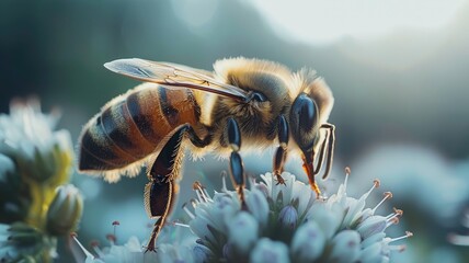 Serene Encounter: Bee on Bloom in Natural Sunlight