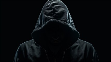 Faceless man in hoodie standing isolated on black, concept of hacker, thief, dark demon, mysterious creature, Halloween character, secret.
