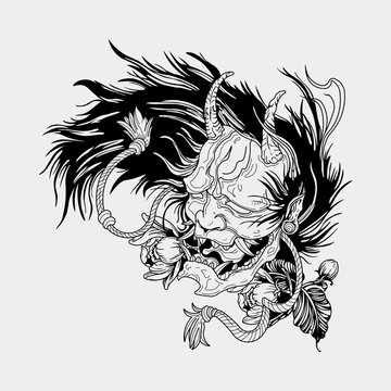Japanese tengu demon evil yokai ronin oni mask hand drawn illustration