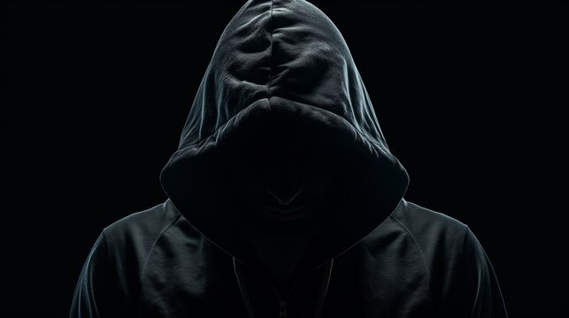 Faceless man in hoodie standing isolated on black, concept of hacker, thief, dark demon, mysterious creature, Halloween character, secret.