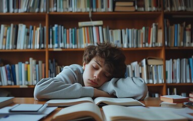 Portrait of a boy sleeping while studying in the library