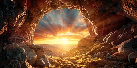 Empty Tomb With Crucifixion At Sunrise - Resurrection Concept,Christian Easter concept. Jesus Christ resurrection. Empty tomb of Jesus with light. Born to Die, Born to Rise. 