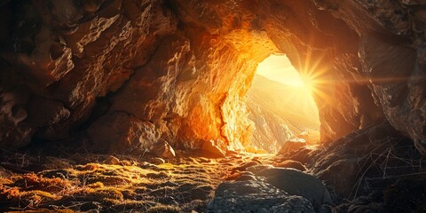 Empty Tomb With Crucifixion At Sunrise - Resurrection Concept,Christian Easter concept. Jesus Christ resurrection. Empty tomb of Jesus with light. Born to Die, Born to Rise. 